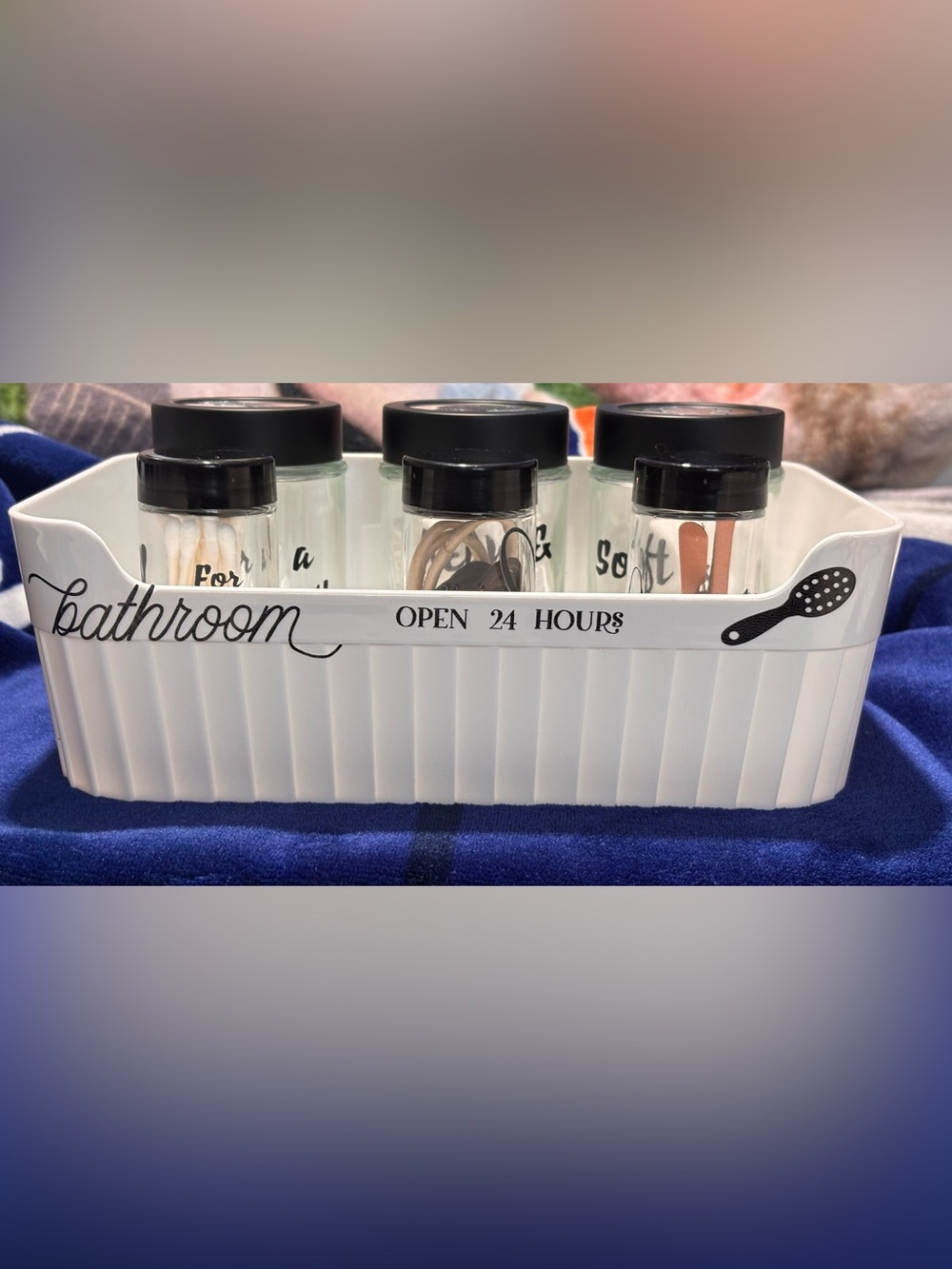 White Bathroom Countertop Organizer Bin - Open 24 Hours